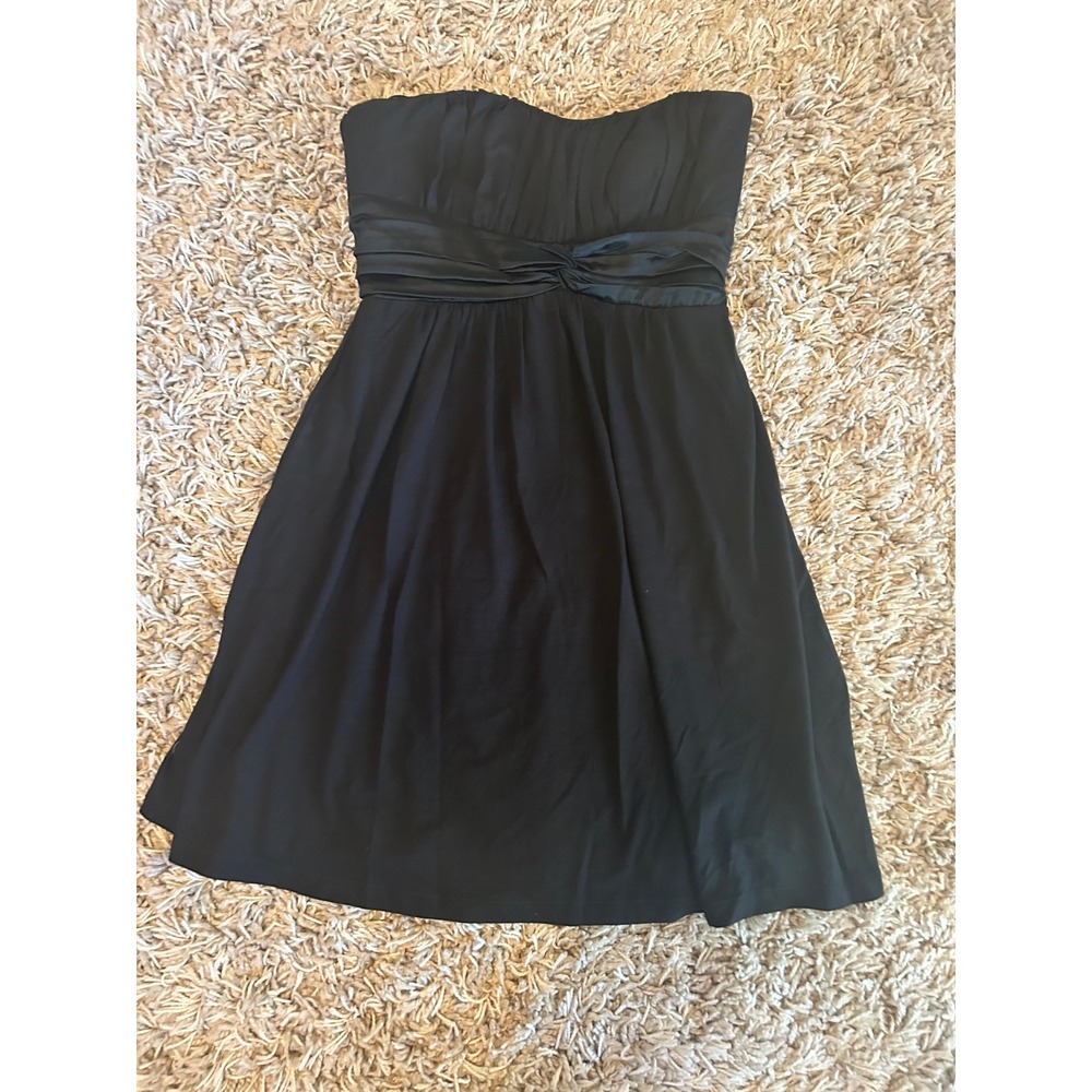bebe Strapless Black Cocktail Dress Medium Ruched Satin Waist Fit Flare USA Made